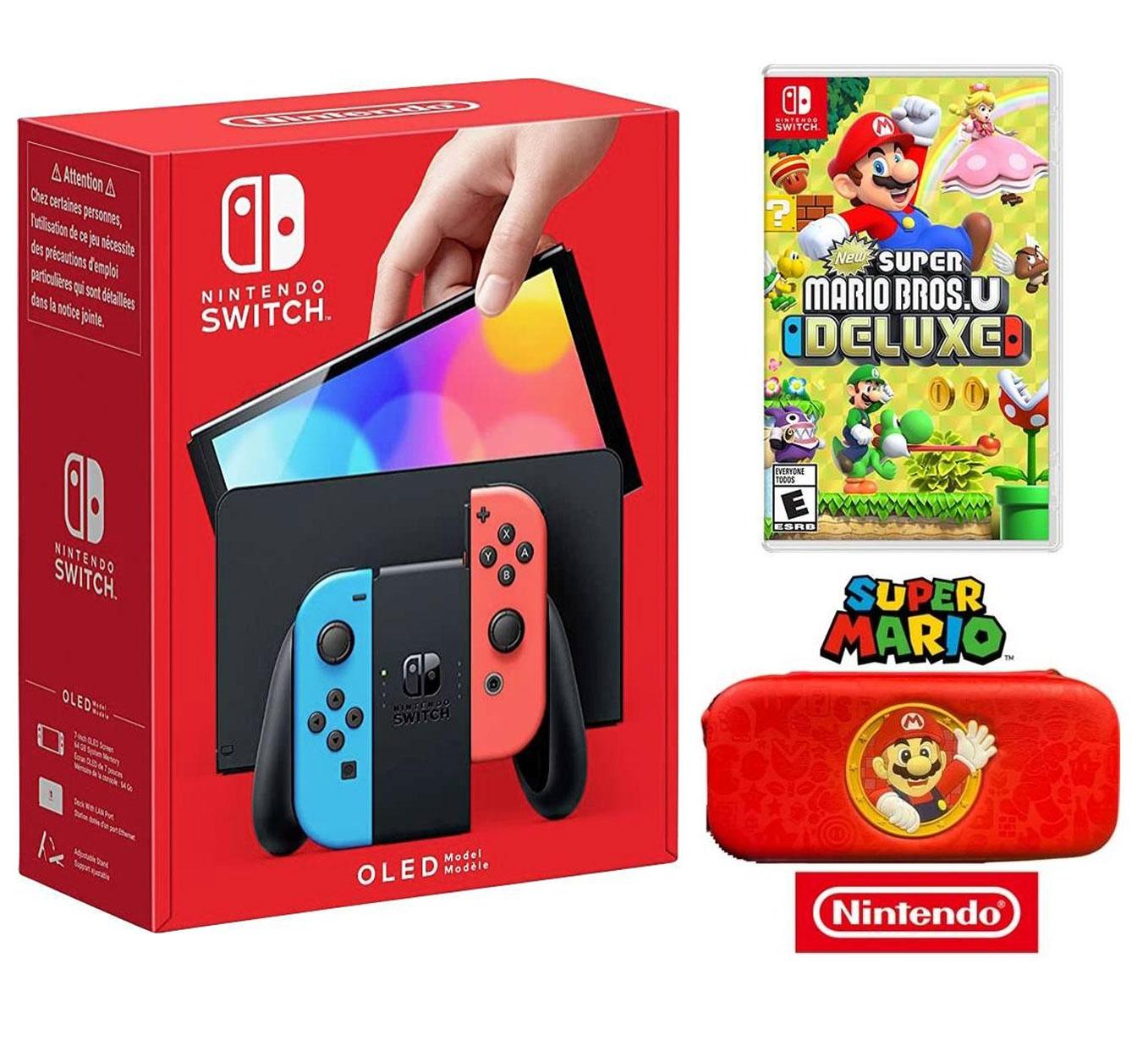 NİNTENDO SWİTCH OLED NEON RED/NEON BLUE OYUN KONSOLU + NEW SUPER MARİO BROS U DELUXE NİNTENDO SWİTCH OYUN + NİNTEDO SWİTCH OLED SÜPER MARİO ÇANTA 