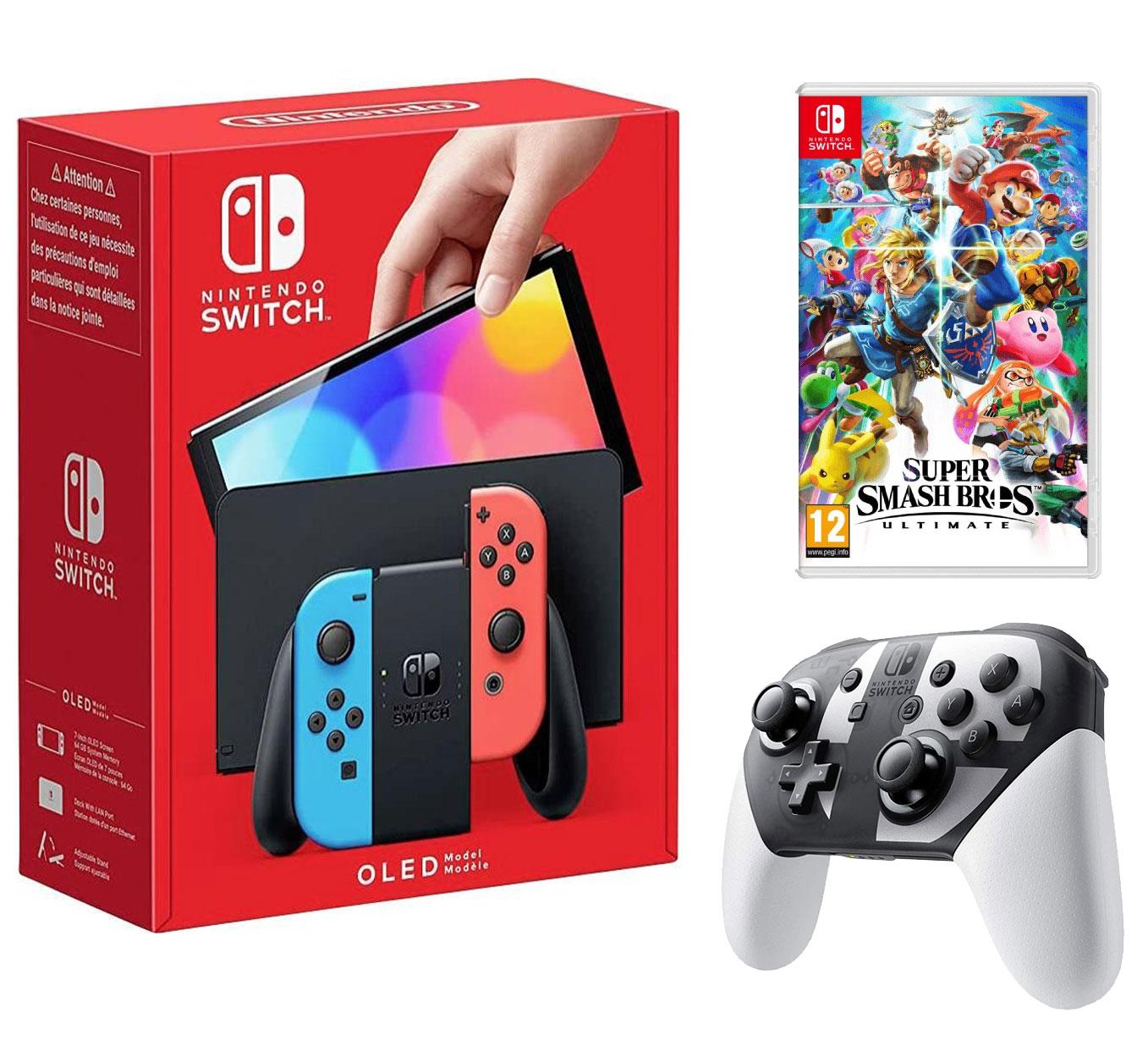 NİNTENDO SWİTCH OLED NEON RED/NEON BLUE OYUN KONSOLU + SUPER SMASH BROS NİNTENDO ULTİMATE SWİTCH OYUN + SUPER SMASH BROS. SPECİAL EDİTİON PRO CONTROLLER