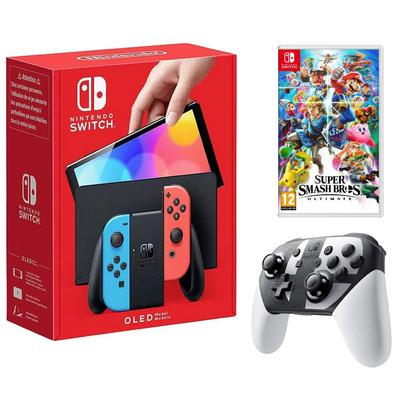 NİNTENDO SWİTCH OLED NEON RED/NEON BLUE OYUN KONSOLU + SUPER SMASH BROS NİNTENDO ULTİMATE SWİTCH OYUN + SUPER SMASH BROS. SPECİAL EDİTİON PRO CONTROLLER