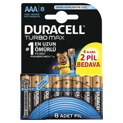 DURACELL ALKALİN TURBO MAX İNCE PİL 8'Lİ AAA 1,5 VOLT