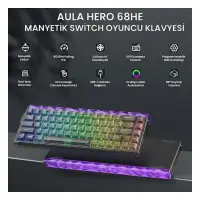 Aula Hero 68 He Manyetik Klavye Rapid Trigger Jade King Switch 8000Hz Rgb Neon Tkl Hot Swap Oyuncu Klavyesi Şeffaf Siyah