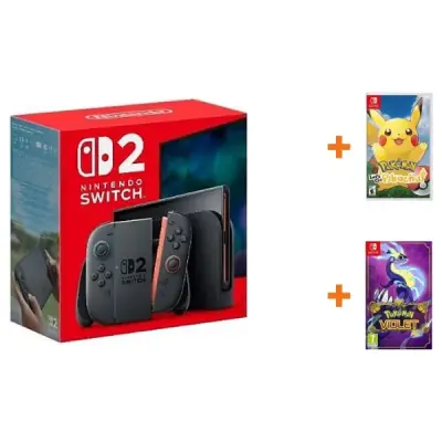 Nintendo Switch 2 Oyun Konsolu + Nintendo Switch Pokemon Lets Go Pikachu Oyun + Nintendo Switch Pokemon Violet Oyun