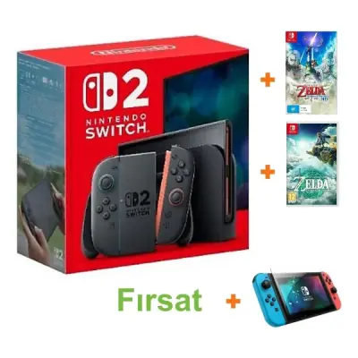 Nintendo Switch 2 Oyun Konsolu + Nintendo Switch The Legend Of Zelda Skyward Sword HD Oyun + Nintendo Switch The Legend Of Zelda Tears Of The Kingdom Oyun + Nintendo Switch 2 Temperli Cam 9h Ekran Koruyucu