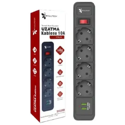 FULLTECH TERMAL AKIM KORUMALI ISIYA KARŞI DAYANIKLI 4'LÜ PRİZ KABLO UZUNLUĞU 2 MT 2XUSB