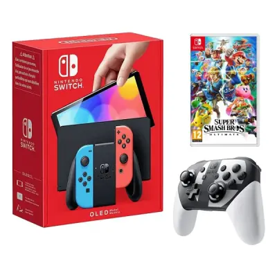 NİNTENDO SWİTCH OLED NEON RED/NEON BLUE OYUN KONSOLU + SUPER SMASH BROS NİNTENDO ULTİMATE SWİTCH OYUN + SUPER SMASH BROS. SPECİAL EDİTİON PRO CONTROLLER