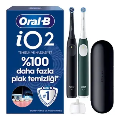 Oral-B iO2 Şarjlı/Elektrikli Diş Fırçası, 2'li Set, Siyah & Orman Yeşili, 2 Fırça Başlığı, Seyahat Kabı