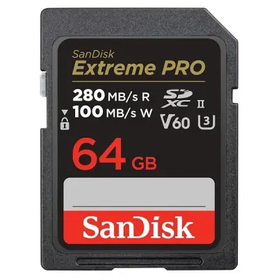 SANDISK EXTREME PRO SDXC UHS-II HAFIZA KARTI V60 64 GB (280 MB/S, 6K, 4K UHD, U3, C10, RESCUE PRO DELUXE